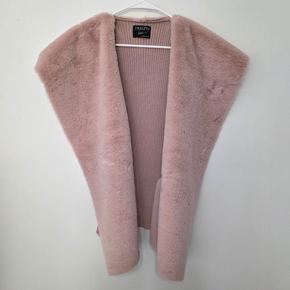 Twelfth Love Faux Fur Ribbed Knit Vest Womens Medium Pink Dusty Rose Glam Luxe